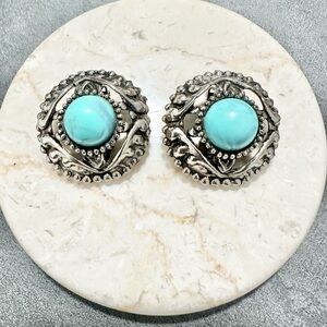 Vintage Silver Tone  Faux Cabochon Turquoise Round Statement Clip On Earrings